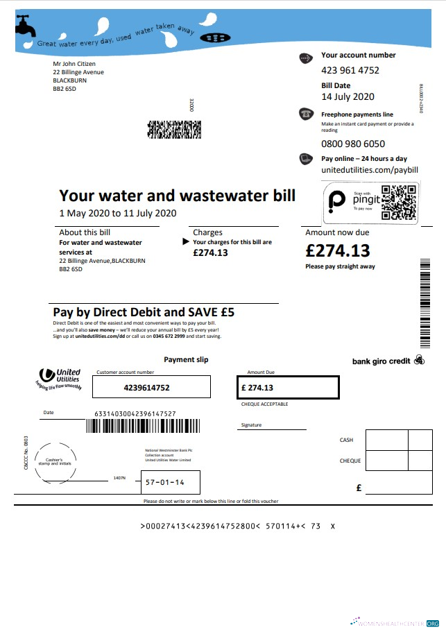 download United Kingdom United Utilities water utility bill template in Word and PDF format PDF template